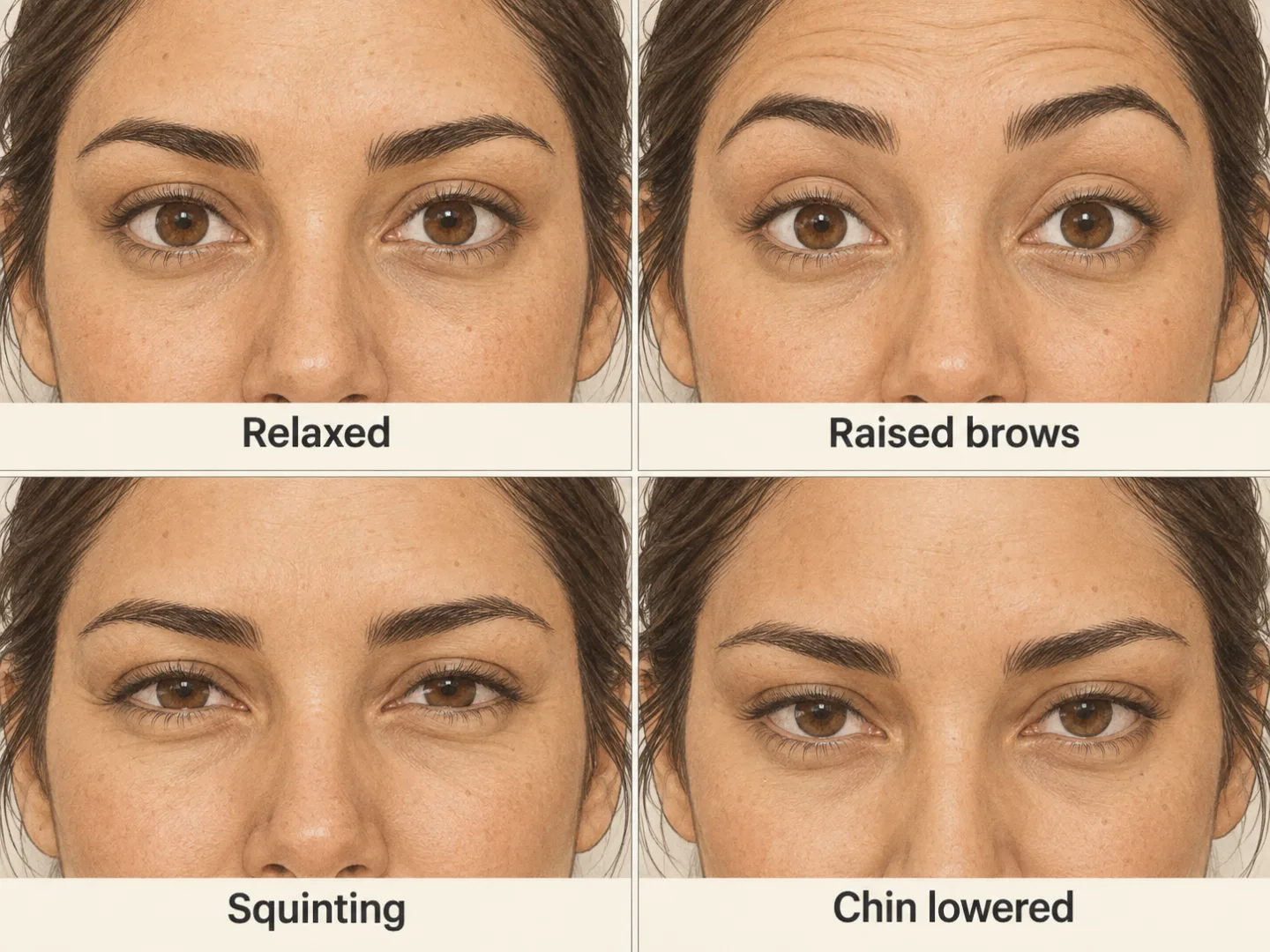 Four illustrations of one fictional adult eye area with a relaxed expression, raised brows, squinting, and the chin lowered.