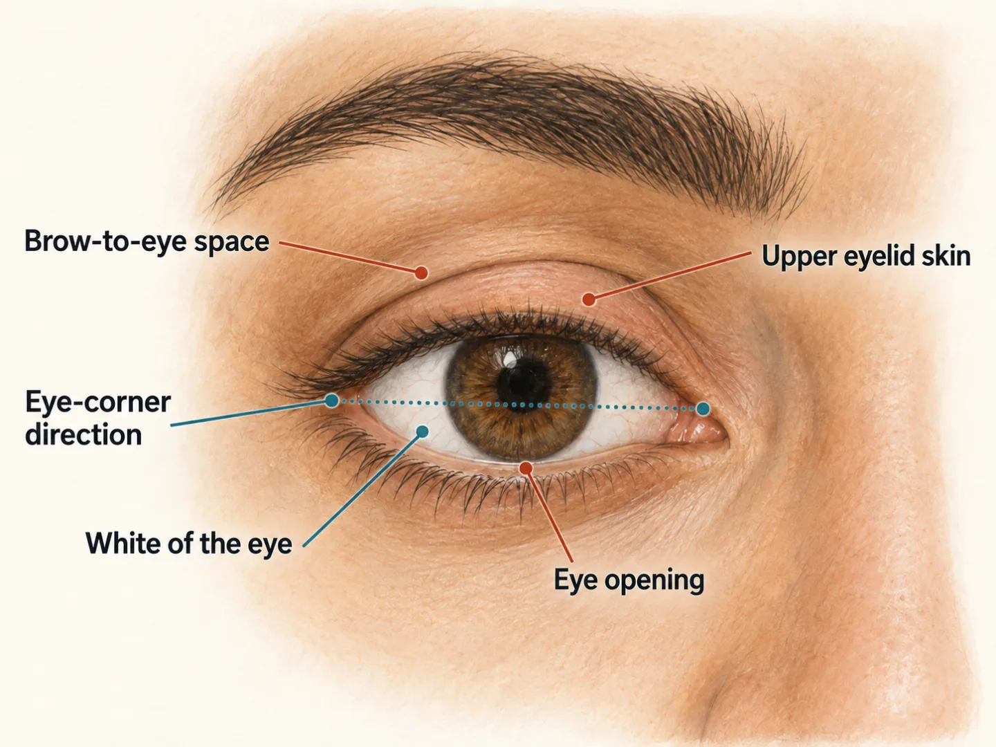 Illustrated eye with labels for eye-corner direction, eye opening, upper eyelid skin, brow-to-eye space, and the white beside the iris.