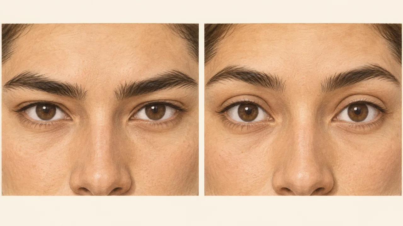 Two illustrated adult eye areas, with narrower openings and less visible upper eyelid skin on the left and rounder openings with more visible lid skin on the right.